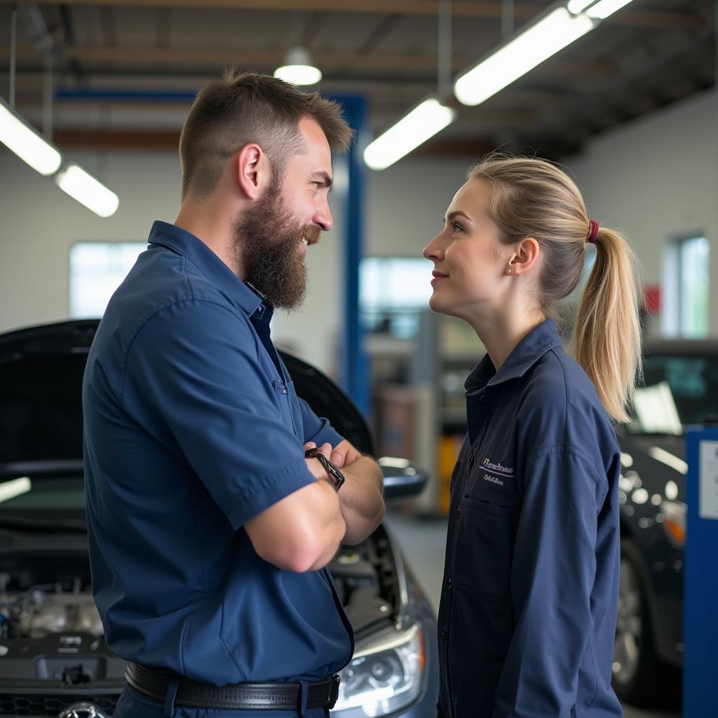 A customer and a mechanic discussing car repairs in an auto shop.