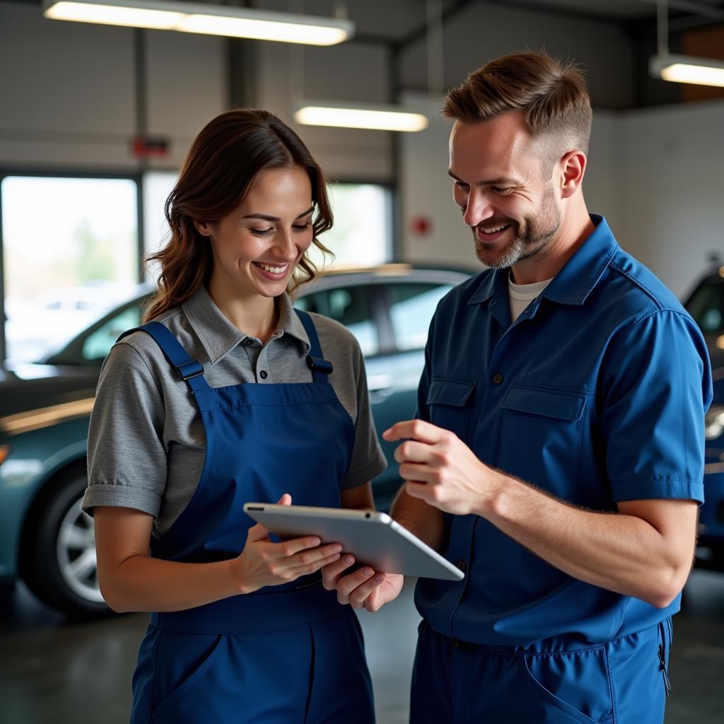 Customer and mechanic discussing car repairs with a tablet