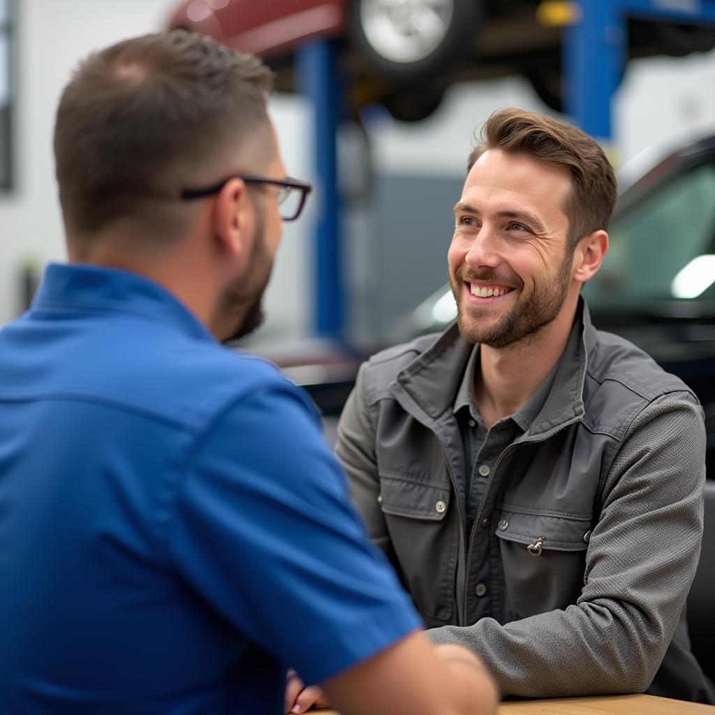 Customer having a conversation with a service advisor at Ray's Auto & Truck Service