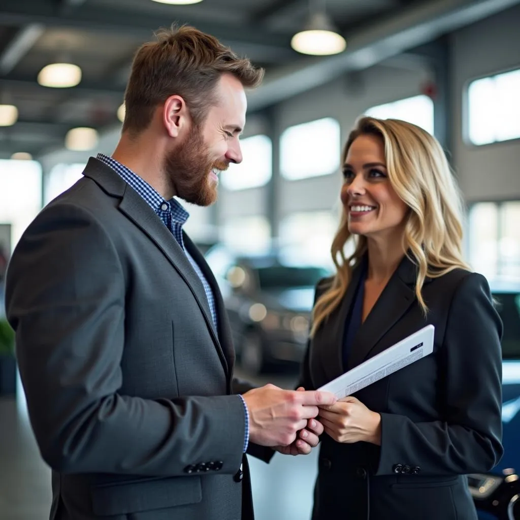 Customer Discussing Car Service with Service Advisor