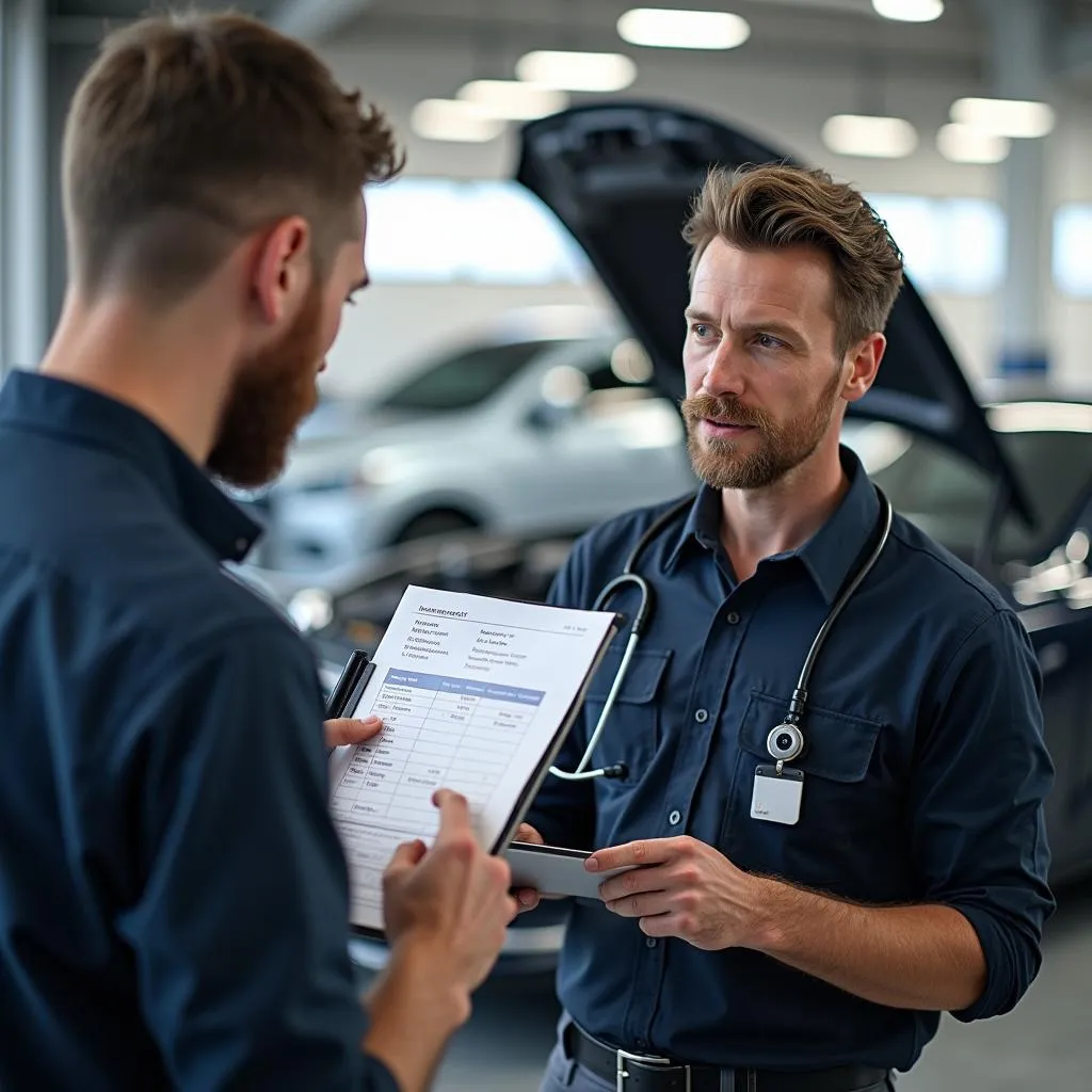 Customer and service advisor discussing car maintenance at Auto Bavaria 