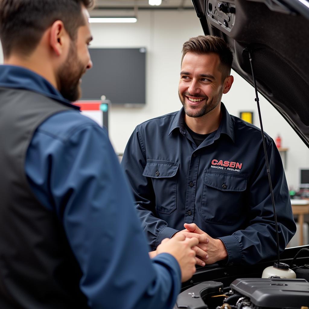 Customer Interacting with Mechanic in Auto Repair Shop