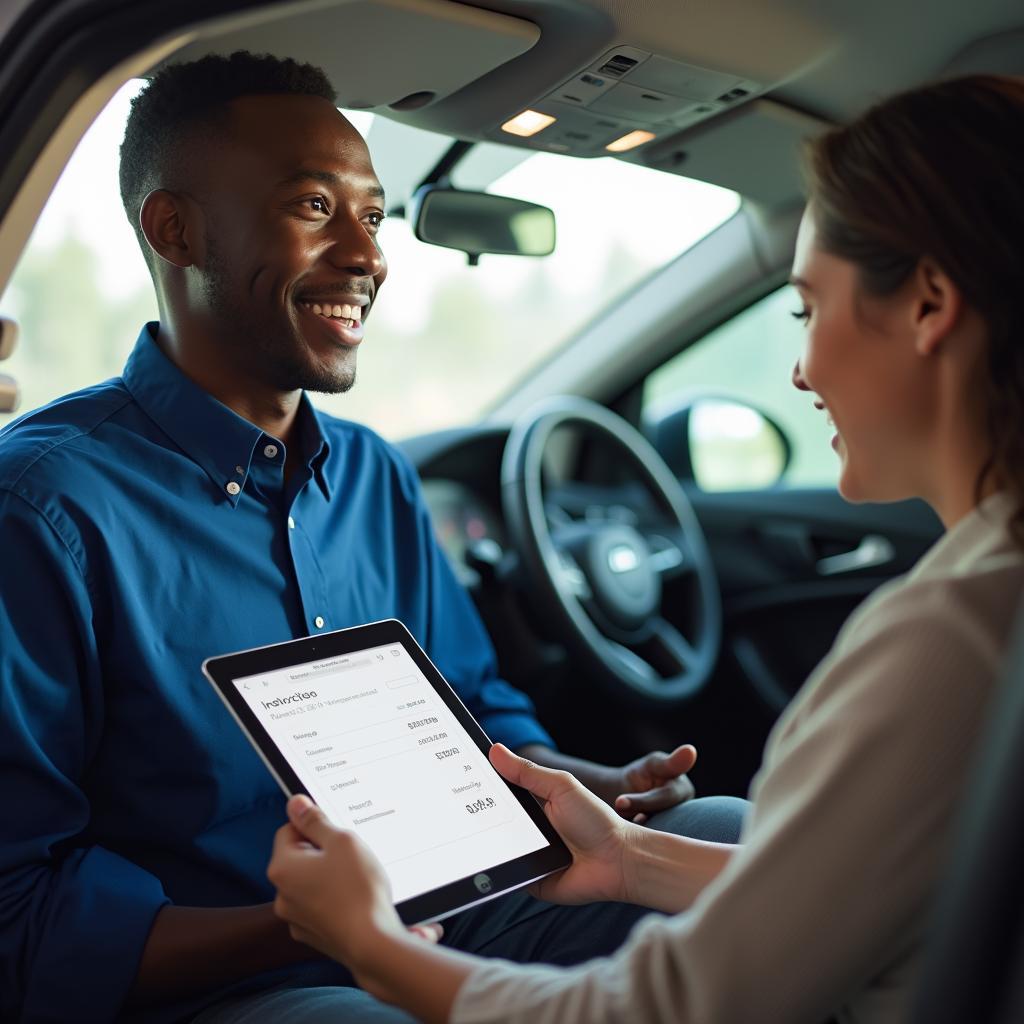 Customer paying for car service invoice on a tablet