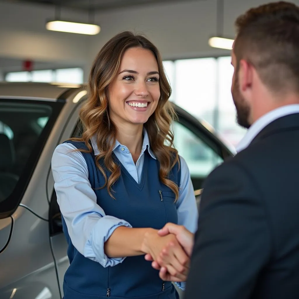 Customer receiving a car key from an A Plus service advisor