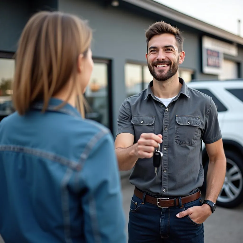 Customer receiving car keys at Ron's Auto Service