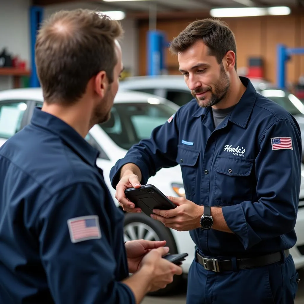 Mechanic explaining car repair to a customer