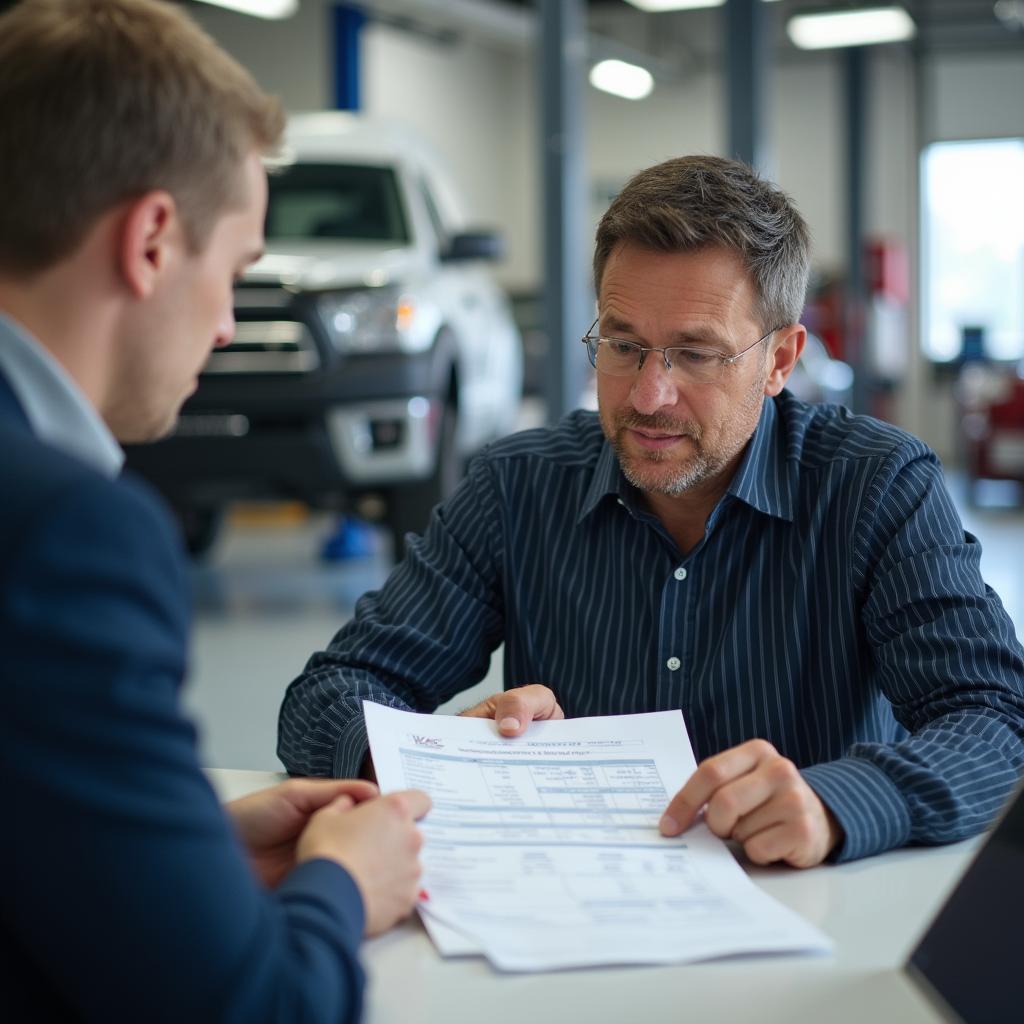 A customer at an auto service center in Columbus, Ohio, carefully reviews a repair estimate with a service advisor. 