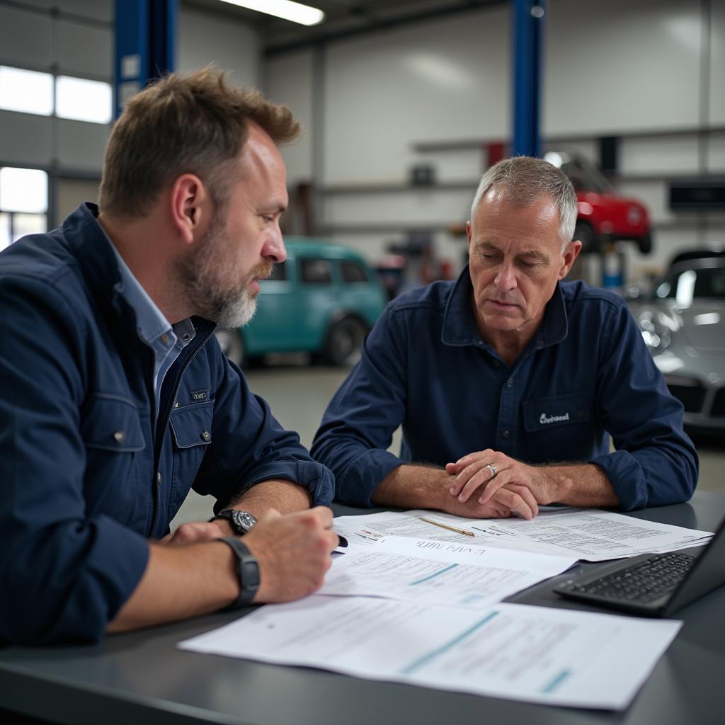 Customer Reviewing a Car Repair Estimate with a Mechanic in Le Mans