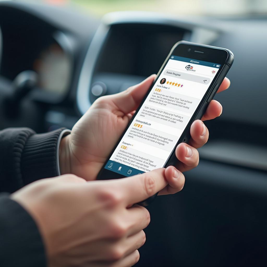 A person reading online reviews for a St Catharines auto repair shop on their phone.