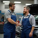 Happy customer shaking hands with mechanic