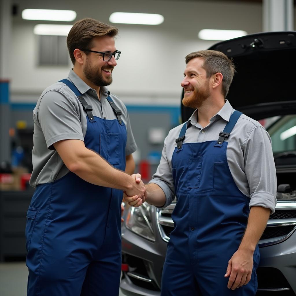 Happy customer shaking hands with mechanic