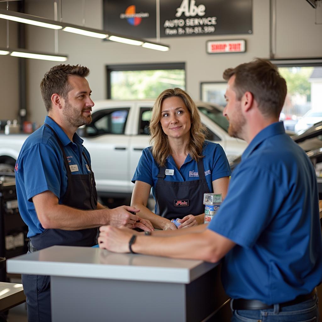 Friendly staff interacting with a customer at the service desk