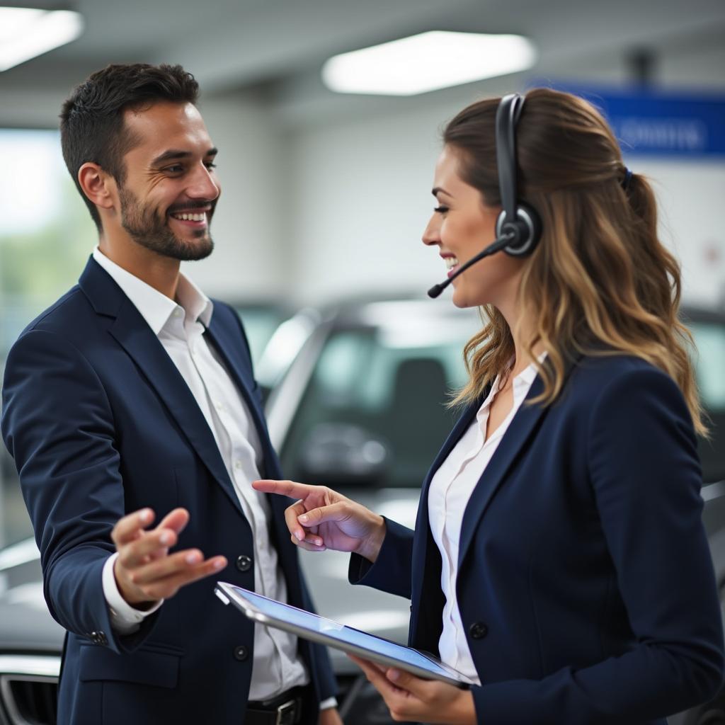 Customer Service Advisor Discussing Service Options with a Car Owner