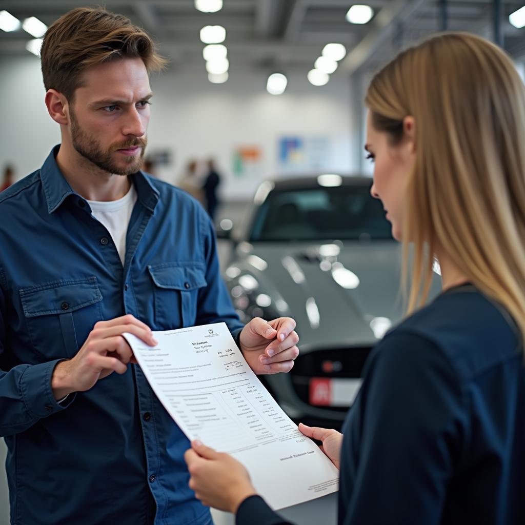 Service Advisor Discussing Repair Invoice with Customer