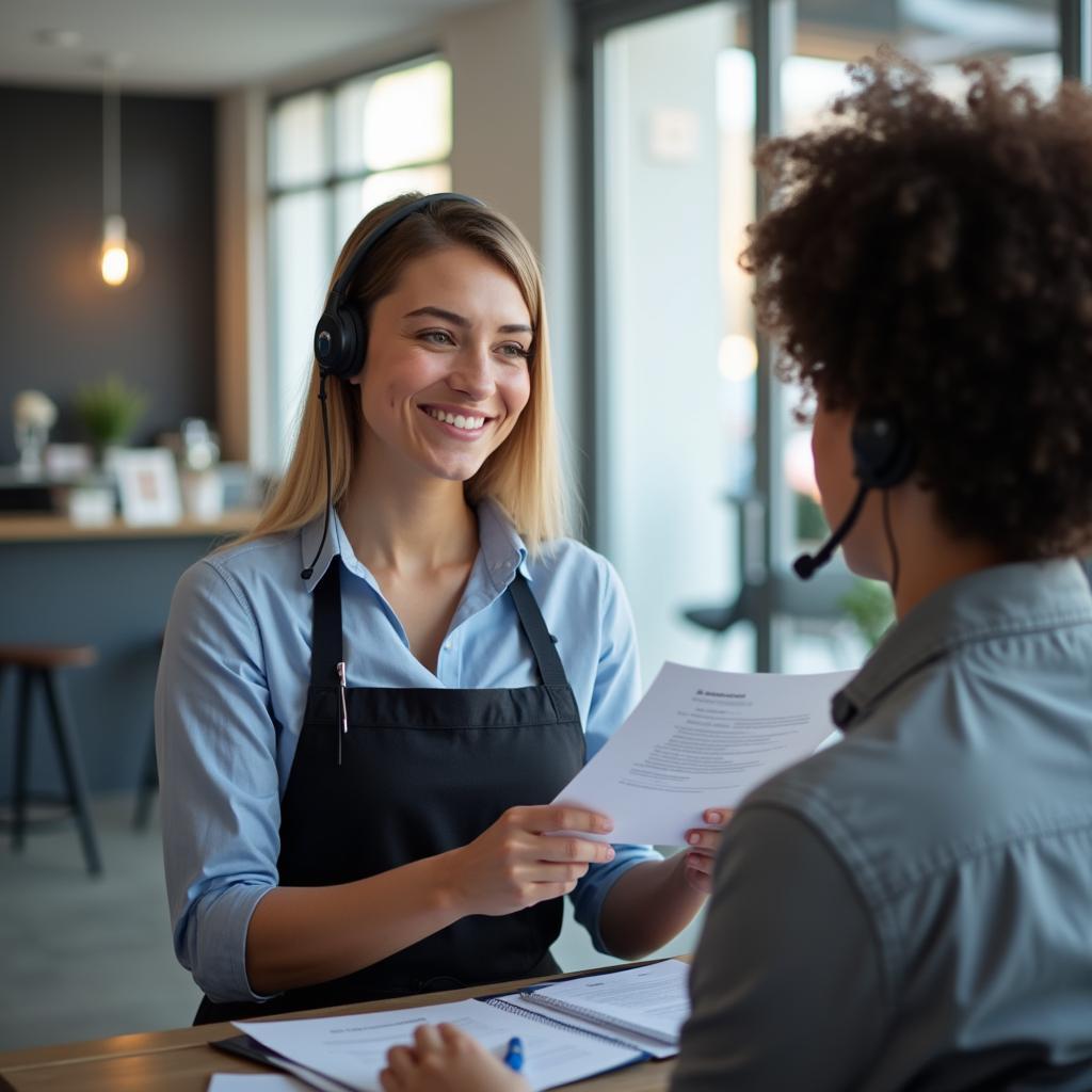 Friendly customer service representative assisting a customer at the auto care center in Snohomish