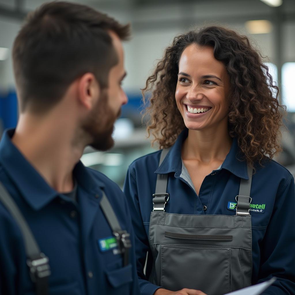 Customer discussing car repair with mechanic in Columbus