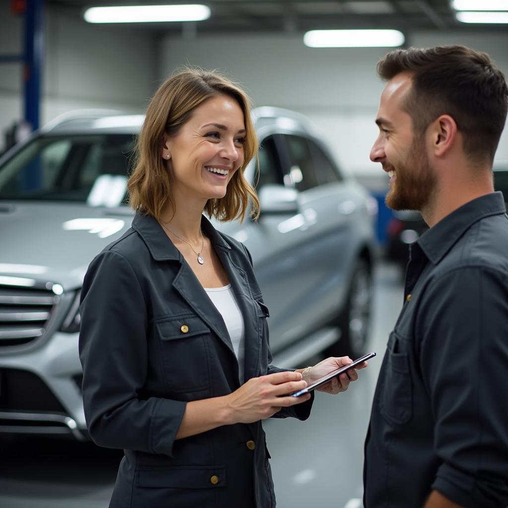 Customer discussing car repairs with a service advisor in Livonia