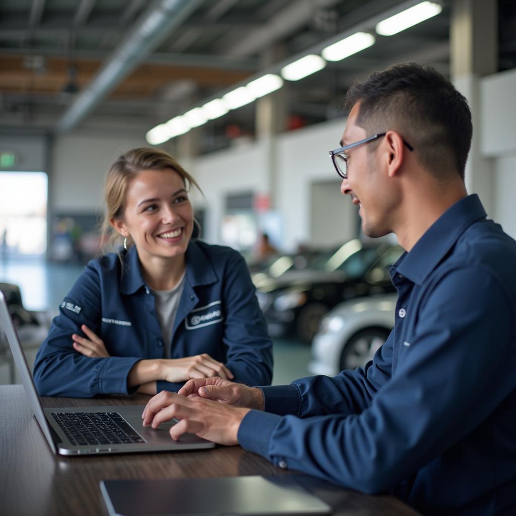 Customer service representative assisting a customer in an auto service center in Kapei