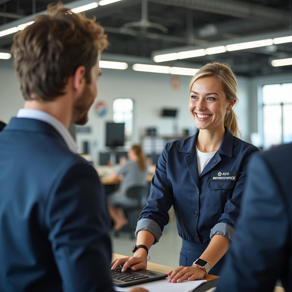 A friendly customer service representative greeting a customer at the counter