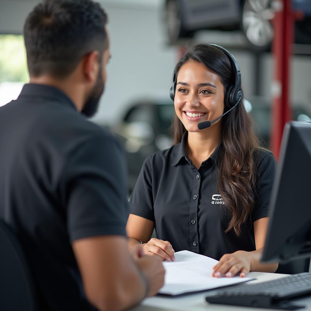 Friendly customer service representative assisting a client at a Morelia auto service center