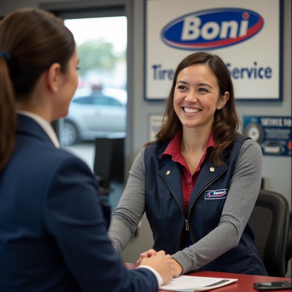 Customer service representative assisting a customer at Boni Tire and Auto Service