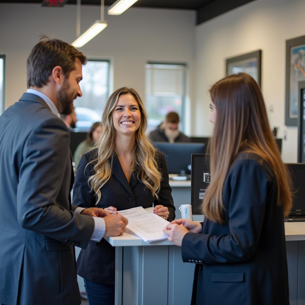 Friendly customer service representative assisting a customer