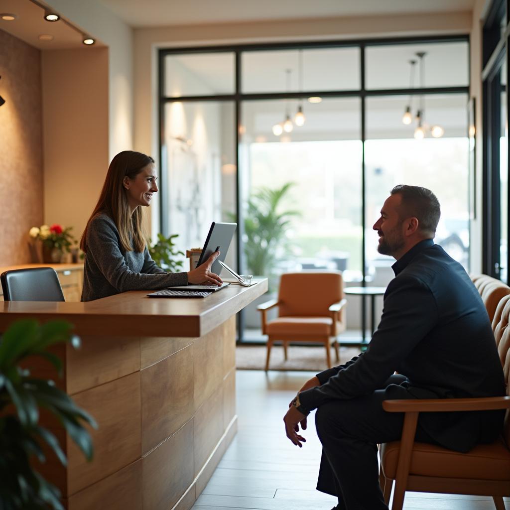 A friendly customer service representative assisting a customer at the reception of an auto service center