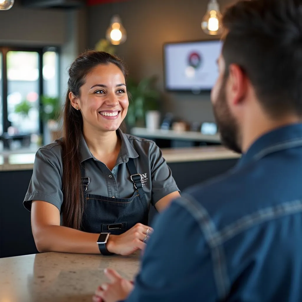 Friendly customer service representative greeting a customer at the auto shop counter