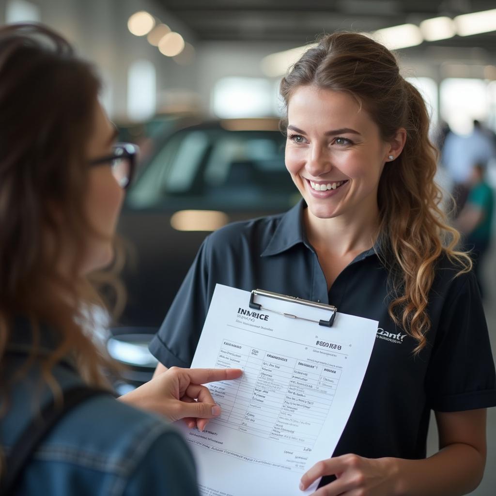 Customer service representative explaining car repair