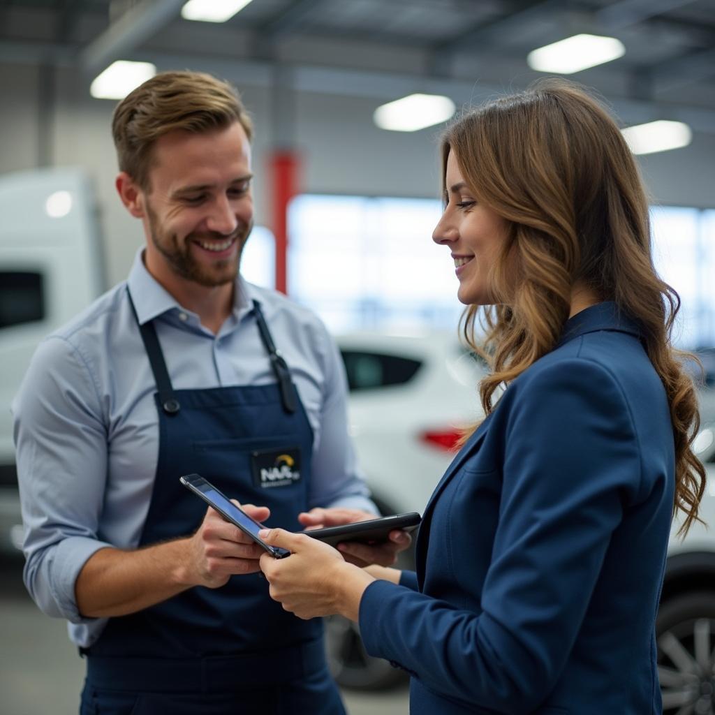 A friendly customer service representative at an auto fleet service centre in Newhall discusses service options with a client.