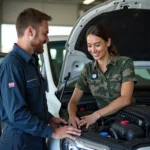 Service advisor discussing car repairs with a customer in Wahiawa