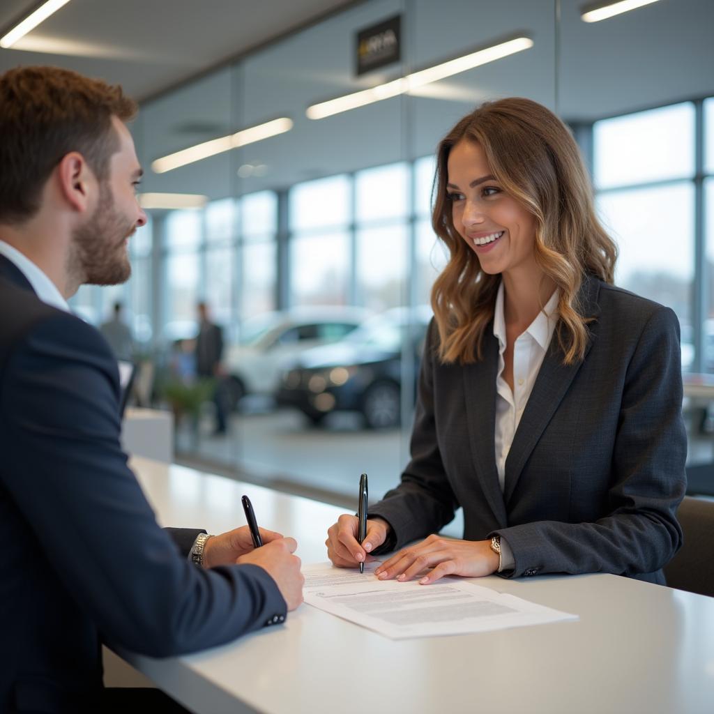 Customer Signing Documents at Auto Service Center 