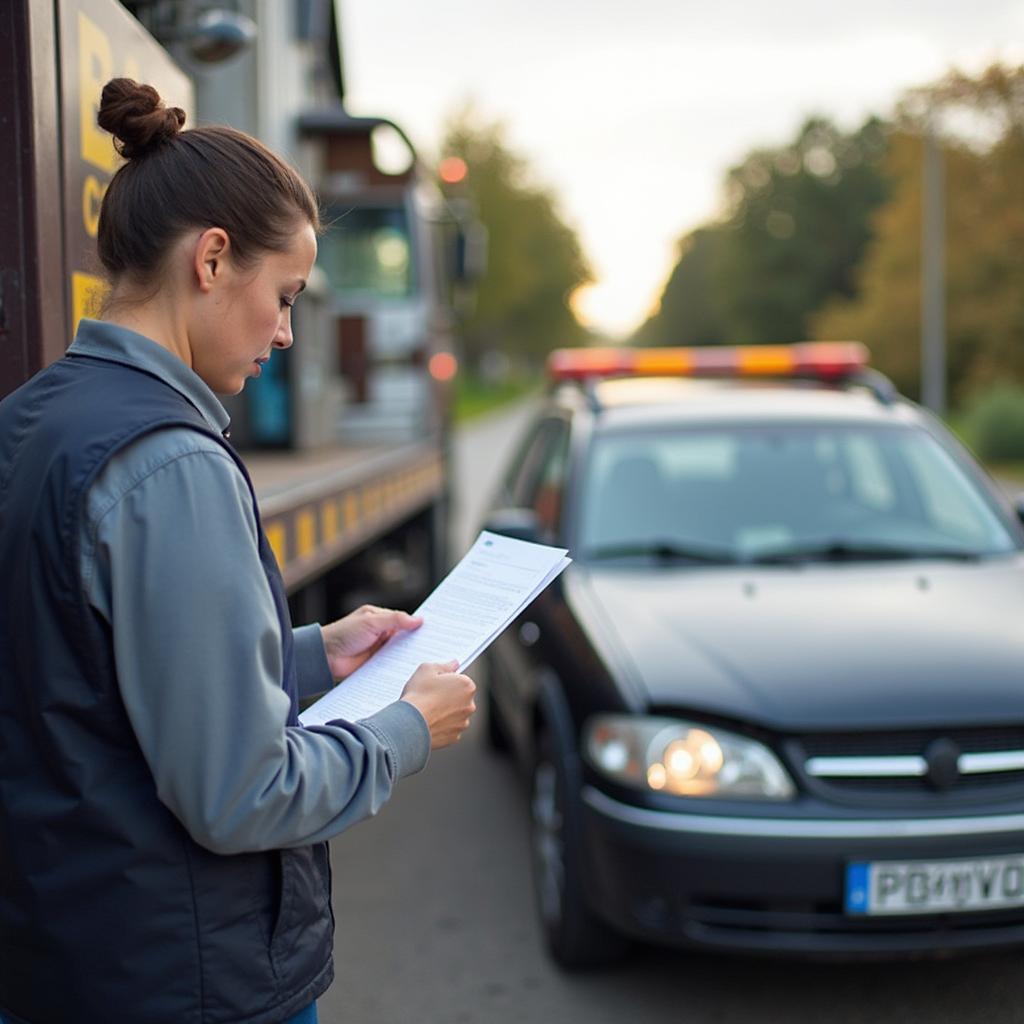 Customer interacting with tow truck driver