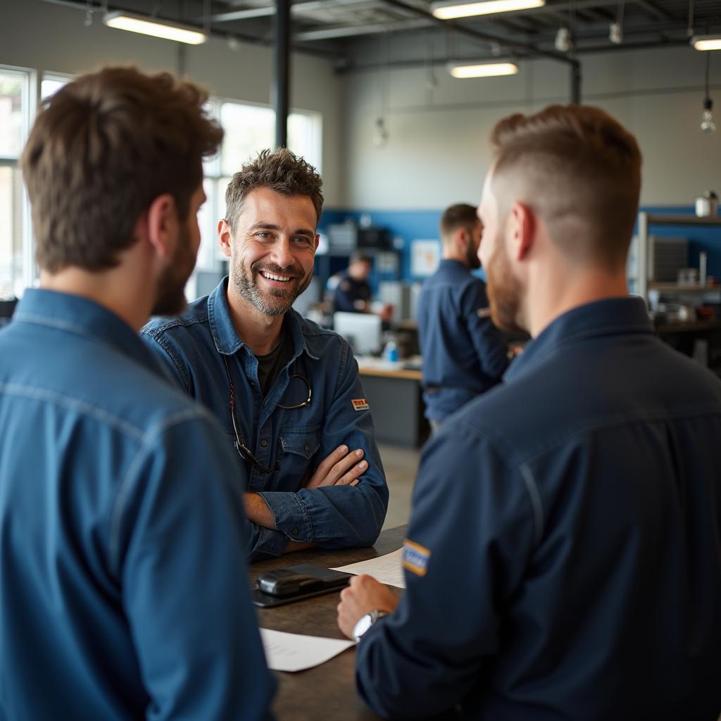 Customer discussing car repair with a professional