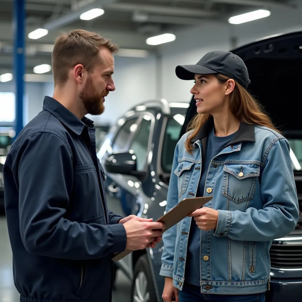 Customer discussing car repair with a mechanic