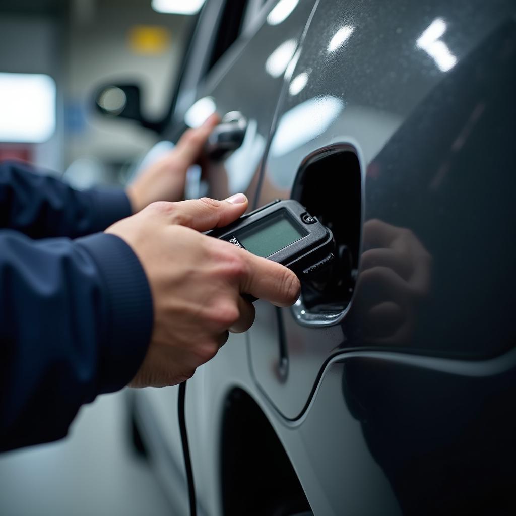 Close-up of a mechanic's hand using a diagnostic tool plugged into a Dacia dashboard