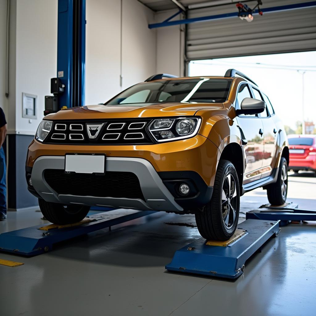 Dacia car being serviced in a professional auto repair shop in Timisoara