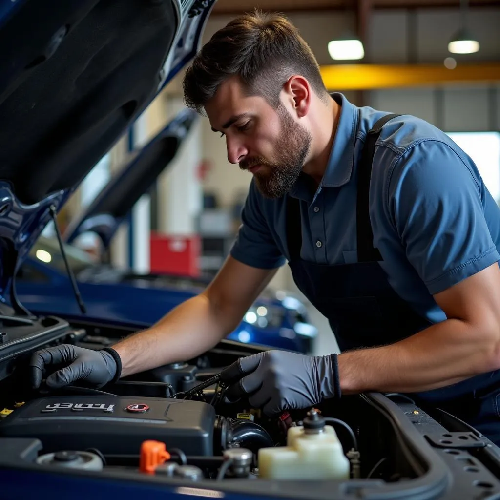 Dallas mechanic working on a car engine