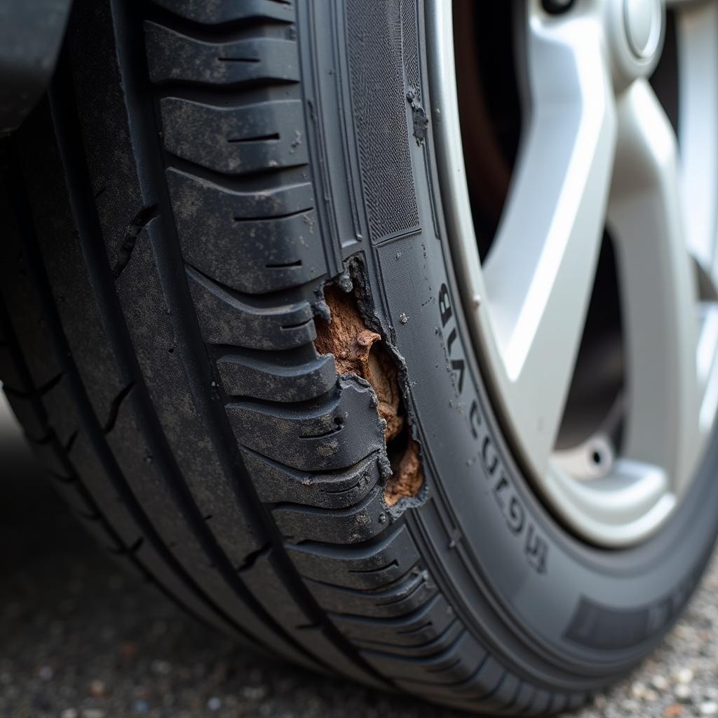 Damaged Sidewall Tyre Requiring Replacement