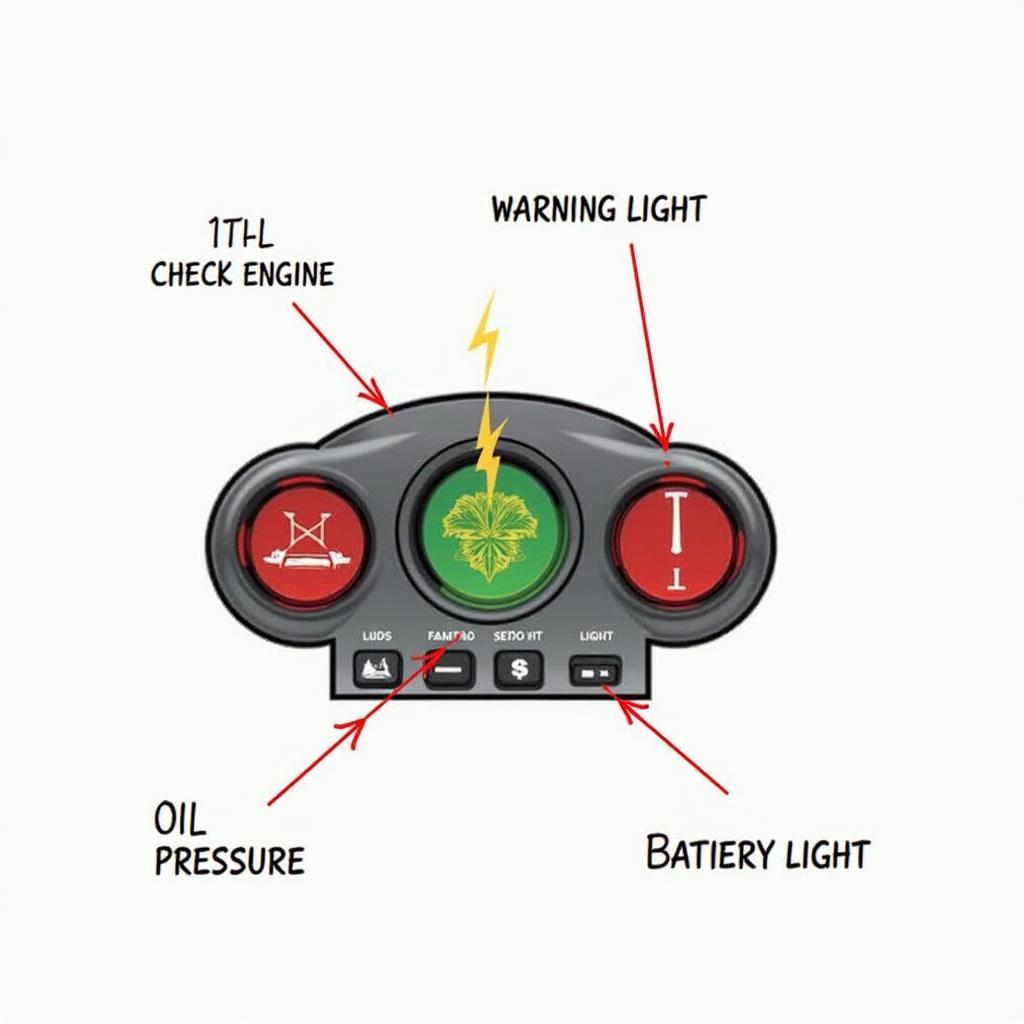 Close-up of a car's dashboard with warning lights illuminated.