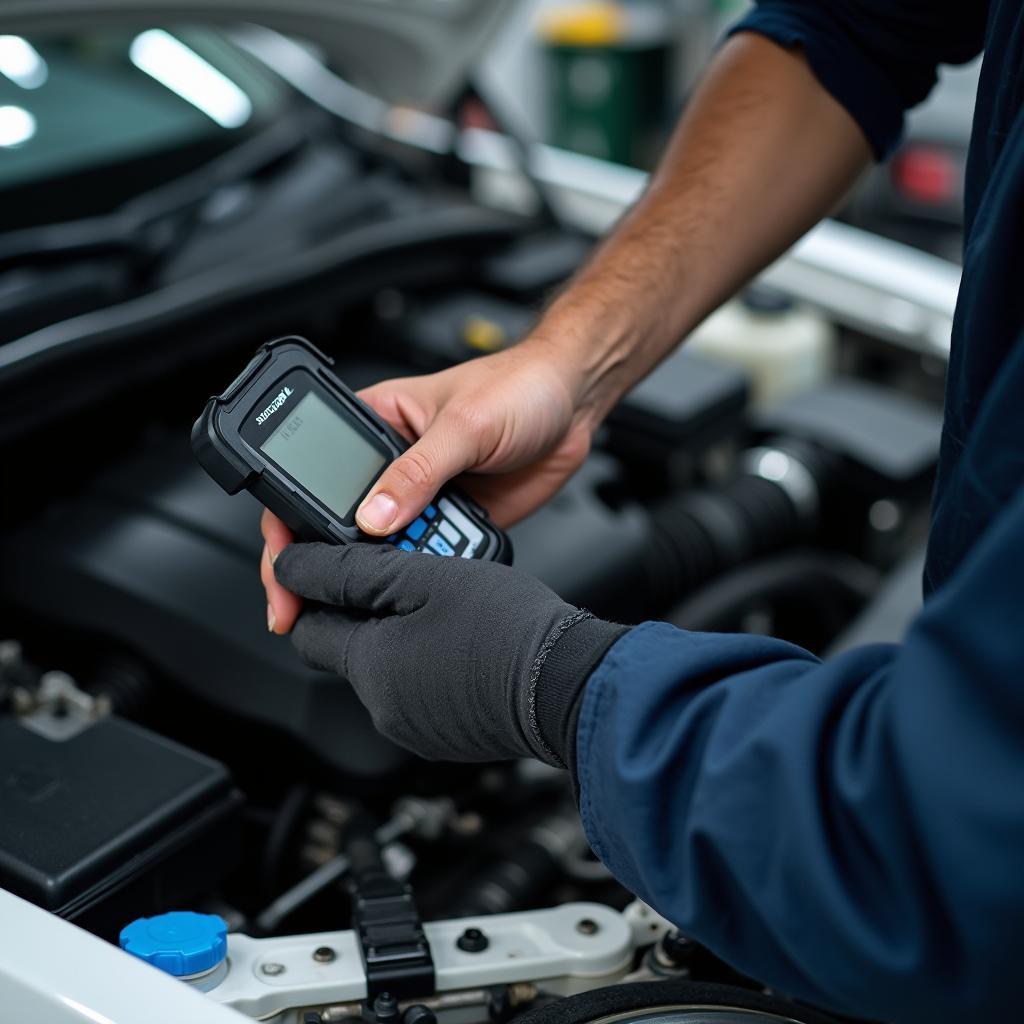 Skilled DC auto mechanic performing engine diagnostics using a scan tool