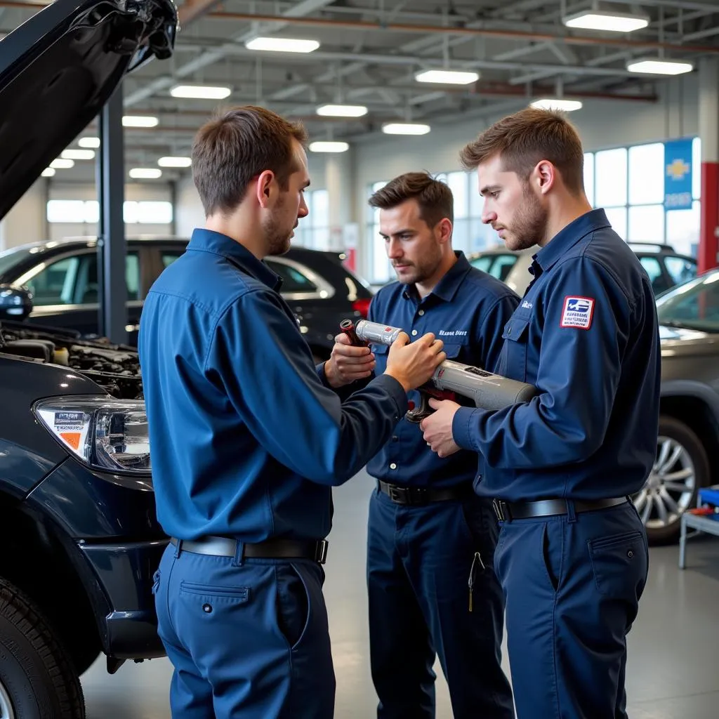 Dealership service department technicians working on a car