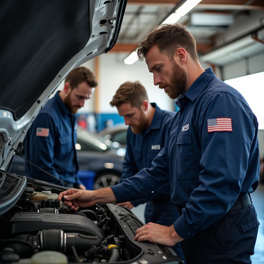 Experienced technicians working on a car engine