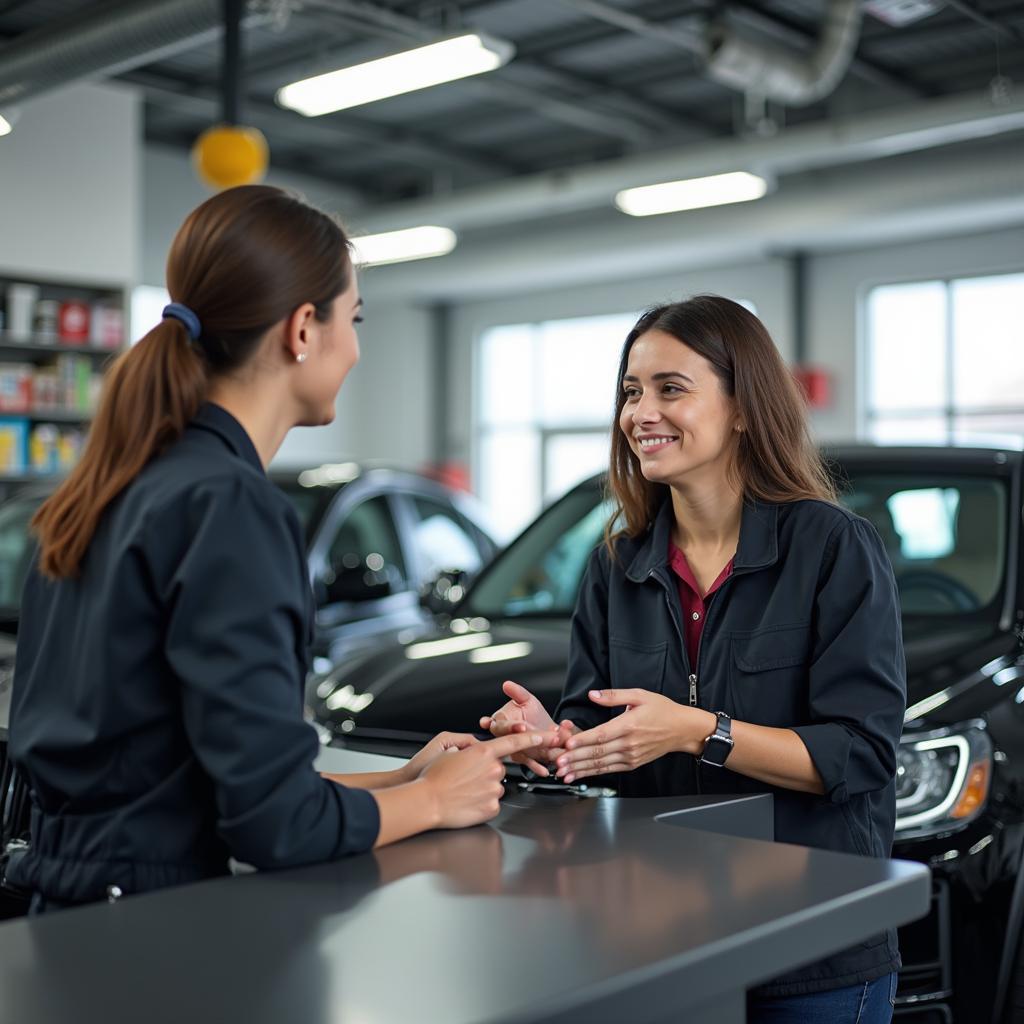 Friendly staff assisting a customer at a Decatur auto service counter