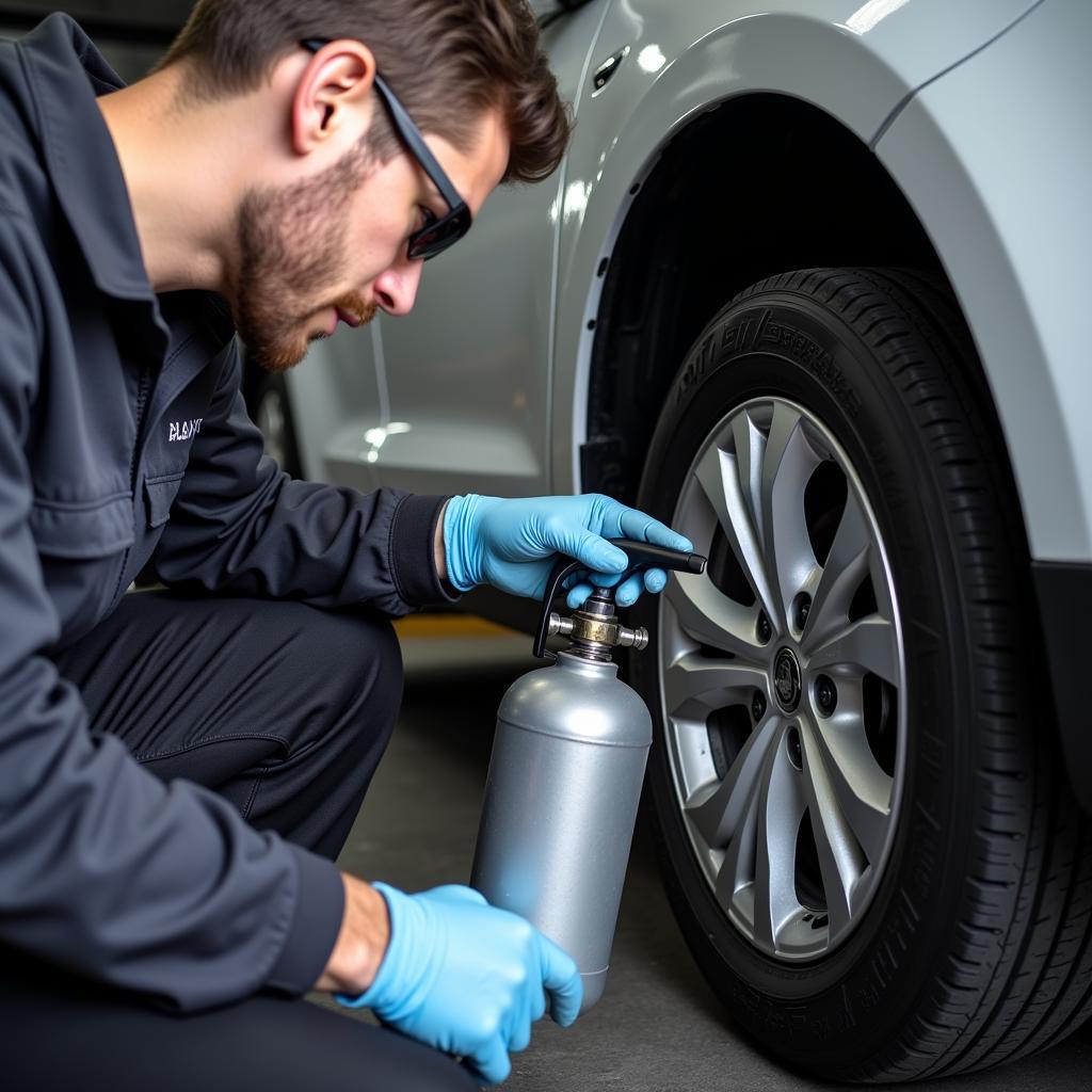 Denver auto service technician filling tires with nitrogen