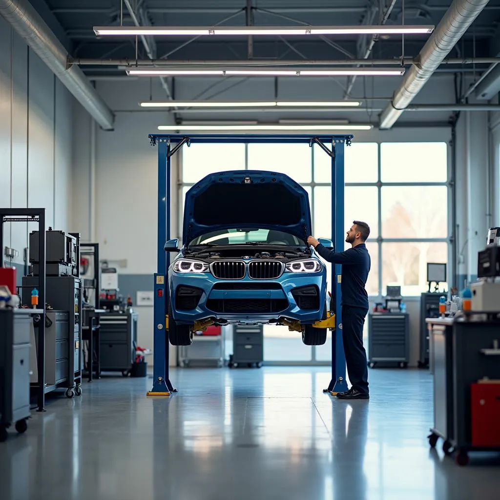 Modern BMW Auto Service Shop Interior in Denver with Technician Working on Car Lift