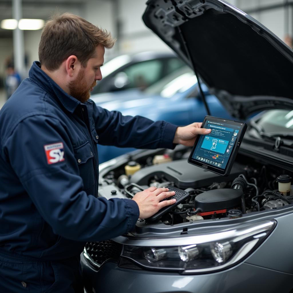 Certified mechanic using diagnostic equipment on a car engine in Derry