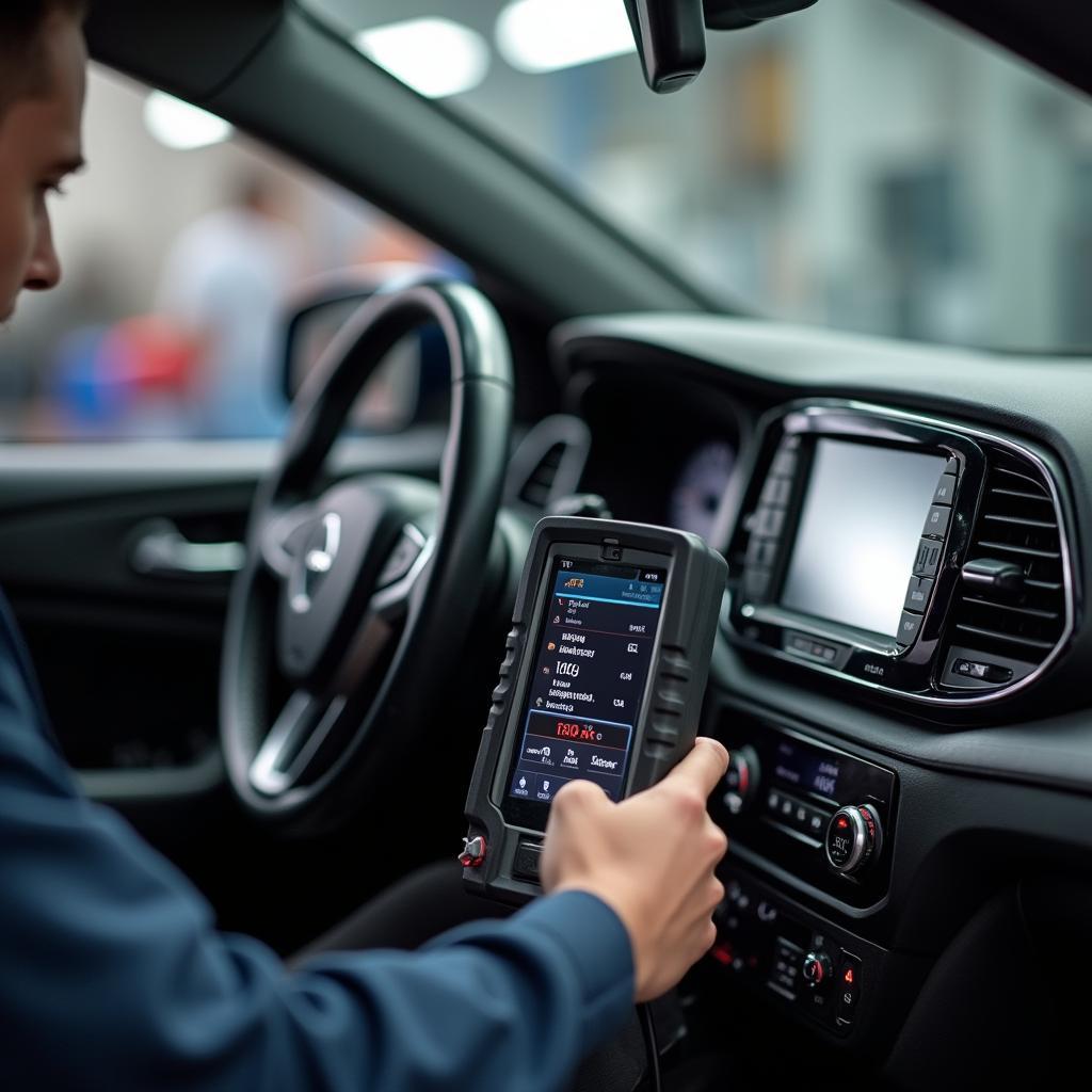 A mechanic using a digital diagnostic tool to identify car heater problems.