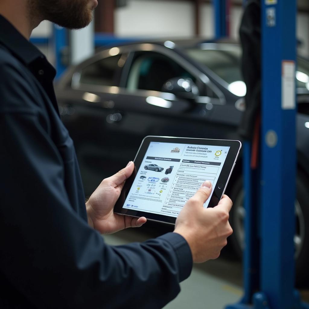 Digital auto service repair manual displayed on a tablet in a garage.