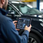 Mechanic Using Digital Tablet for Vehicle Inspection